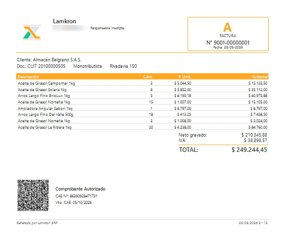 Factura A emitida con Lamkron ERP, con el detalle de artículos, IVA y total, y abajo el código QR con la leyenda Comprobante Autorizado, el número de CAE y su vencimiento
